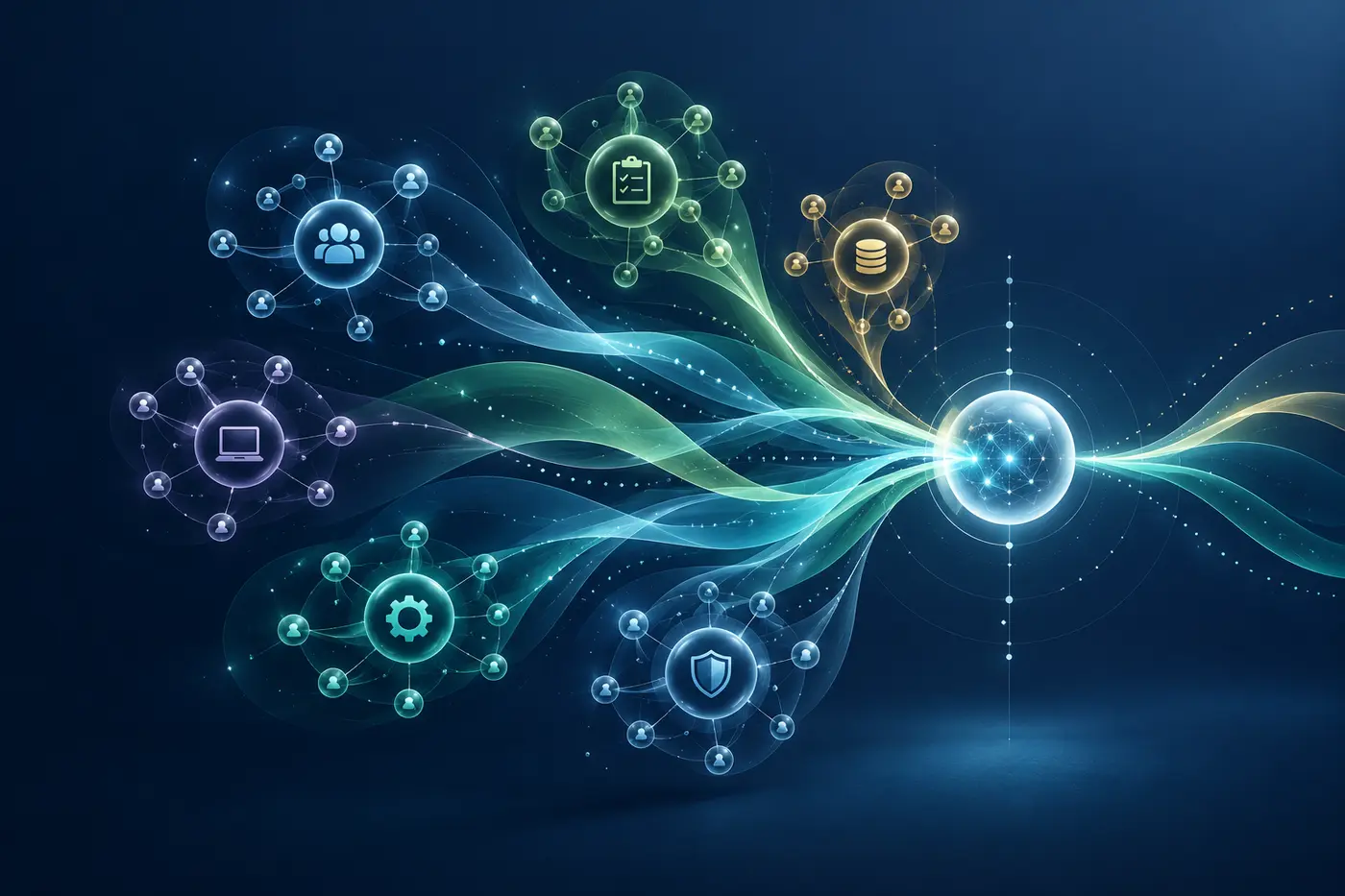 Profession, workflow, product, integration and risk clusters connecting to one AI recommendation