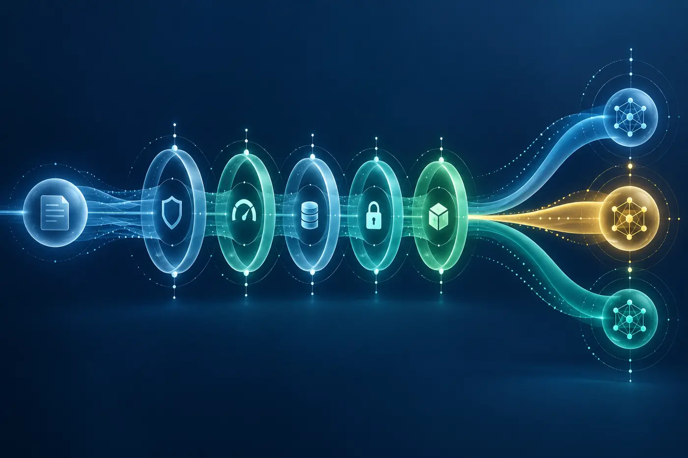 A business task passing through five constraints and branching into three AI model candidates