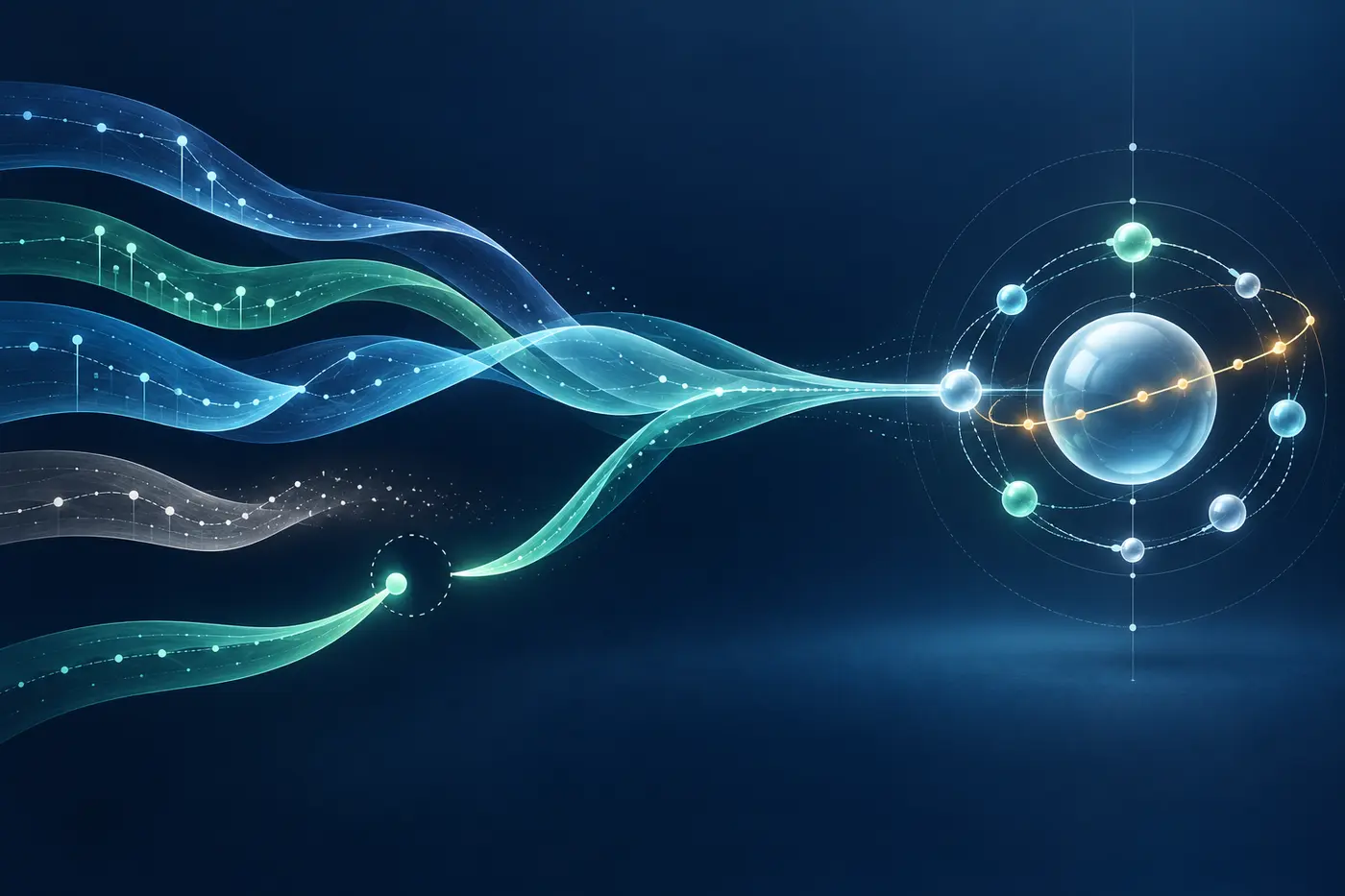 Overlapping AI tool streams consolidating into a balanced business software stack